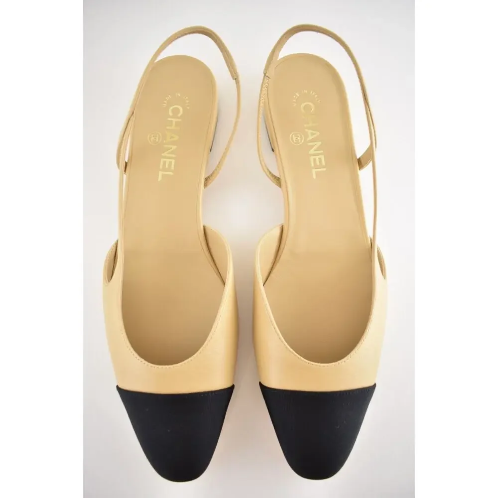 Chanel REV Beige Leather Black Cap CC Logo Coco Sling Slingback Ballet Flat 42.5